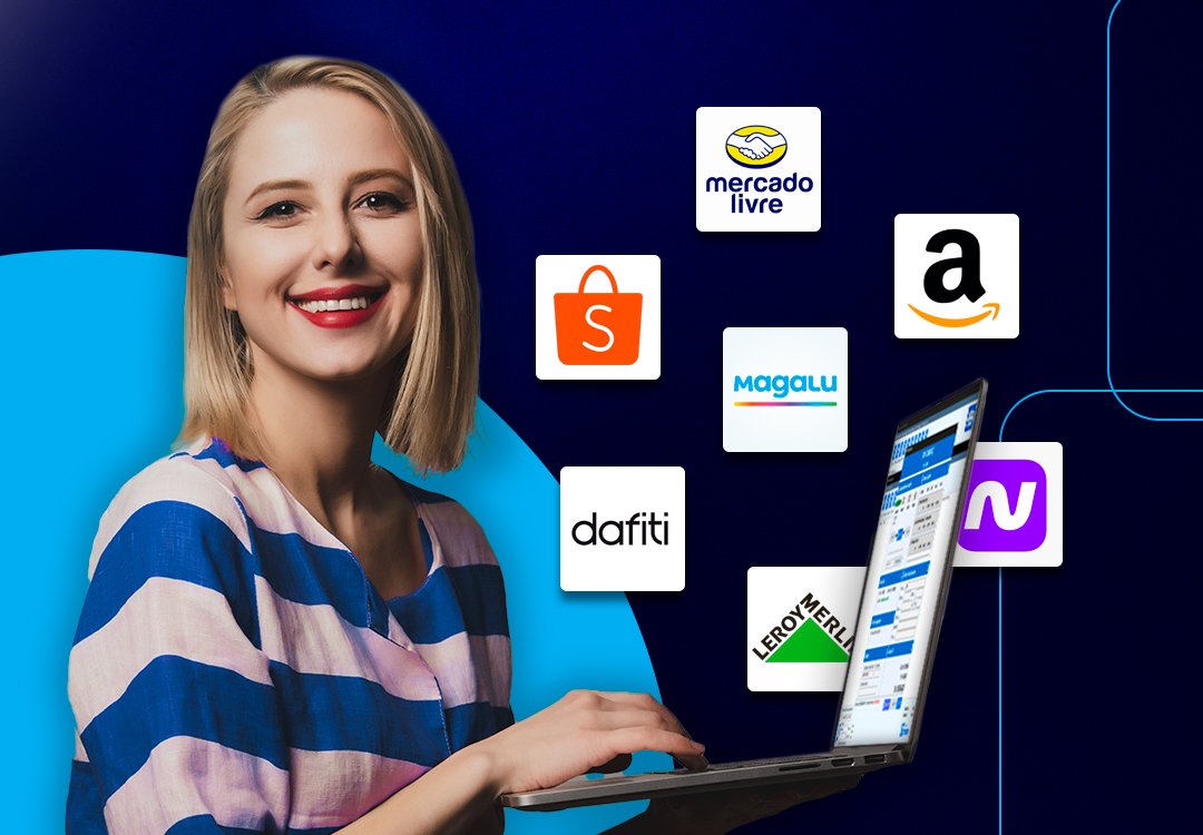 Integração com marketplaces exibida ao lado de notebook e canais de venda
