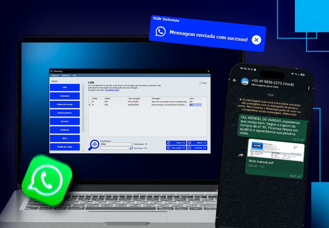SG Whats exibido em notebook e celular com envio de mensagem e documento pelo WhatsApp