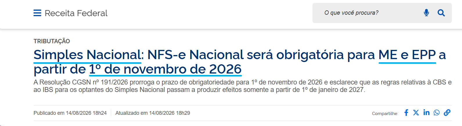 Reprodução da publicação da Receita Federal com destaques sobre NFS-e Nacional
